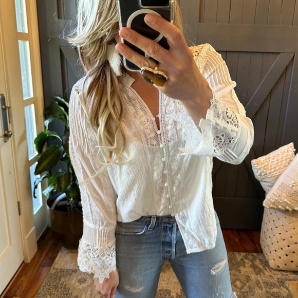 New White Lace Inset 3/4 Sleeve Button Front Blouse Top Women's Top Boho - Picture 8 of 11
